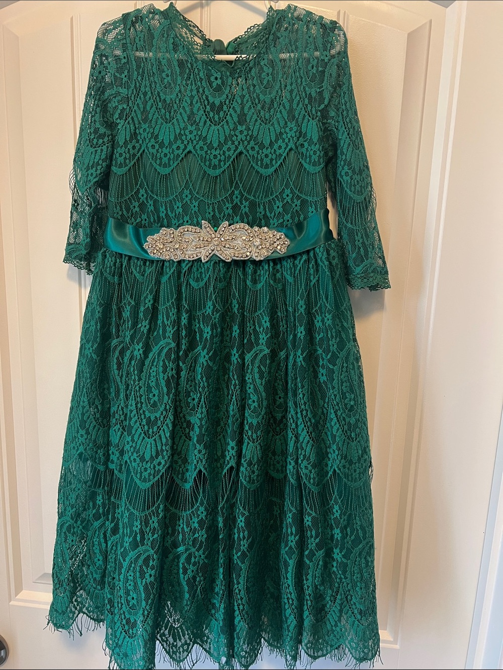 Girls Emerald Lace Formal Dress with Jeweled Satin Sash
